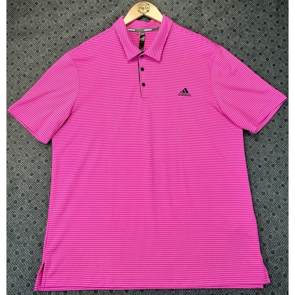 Adidas Mens Golf Polo Shirt Size Xtra Large XL Pink Black Striped Casual